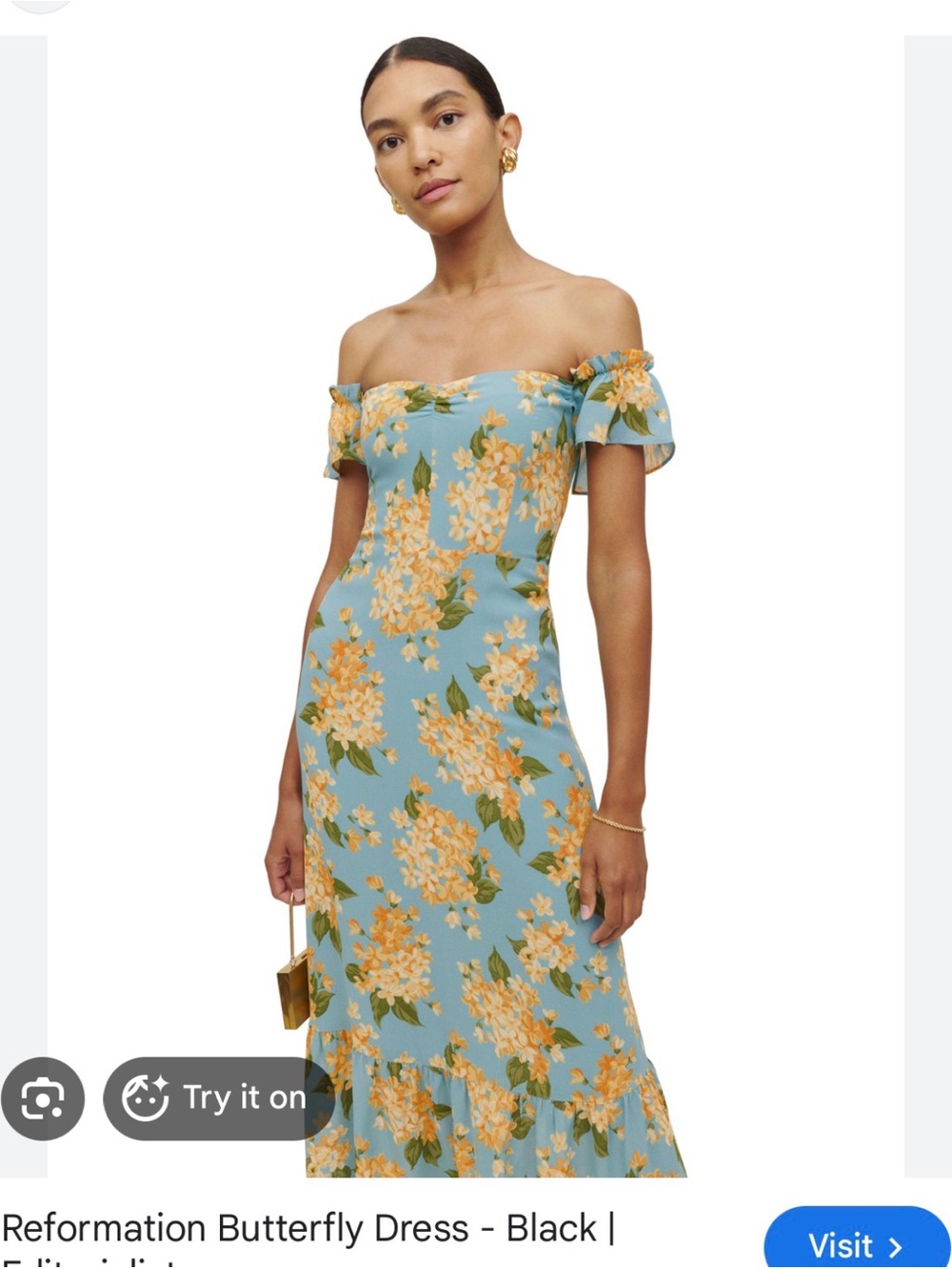 Reformation Off-Shoulder Butter fly Blue Floral Midi Dress